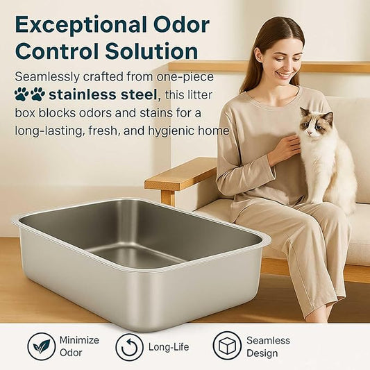 FELIO Stainless Steel Cat Litter Box - XL Metal High Sided Cat Pan, 23.6" L×15.7" W×7.9" H, Splash-Proof and Non-Stick Cats Poop Box odorless, Easy to Clean for Big Cats, Rabbit, Dog, Ferret