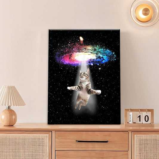 Funny Cat Wall Art Canvas Galaxy Wall Decor Prints Framed Painting Animal Pictures Gifts Artwork for Bathroom Living Dining Kitchen 12"x16"