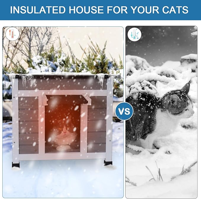 Outdoor Cat House Insulated Feral Cat Shelter Weatherproof Outside Cat Enclosure for Winter Gray