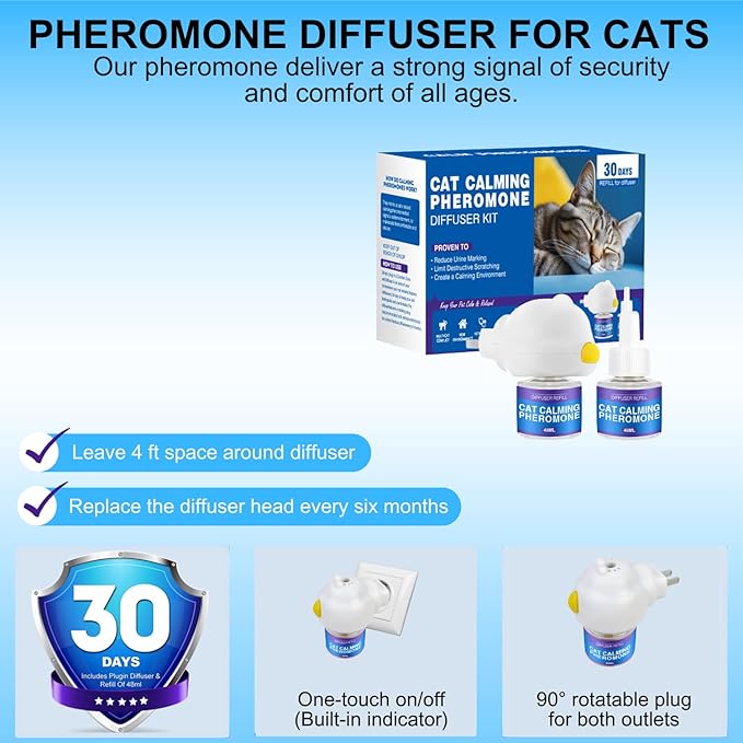 Cat Calming Diffuser Kit for Cat Anxiety Relief, 3-in-1 Cat Pheromone Diffuser Kit with 1 Diffuser +2 Refill 48ml Vial for 60-Day Use, Reduces Separation Anxiety, Aggression, and Stress