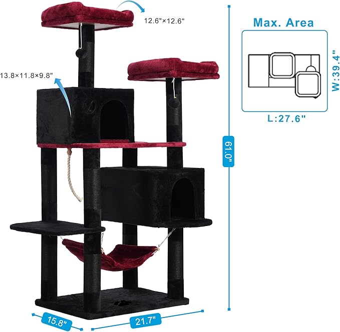 Hey-brother Gothic Large Multi-Level Cat Tree Condo Furniture with Sisal-Covered Scratching Posts, 2 Bigger Plush Condos, Perch Hammock for Kittens, Cats and Pets, Black and Red MPJ020BR