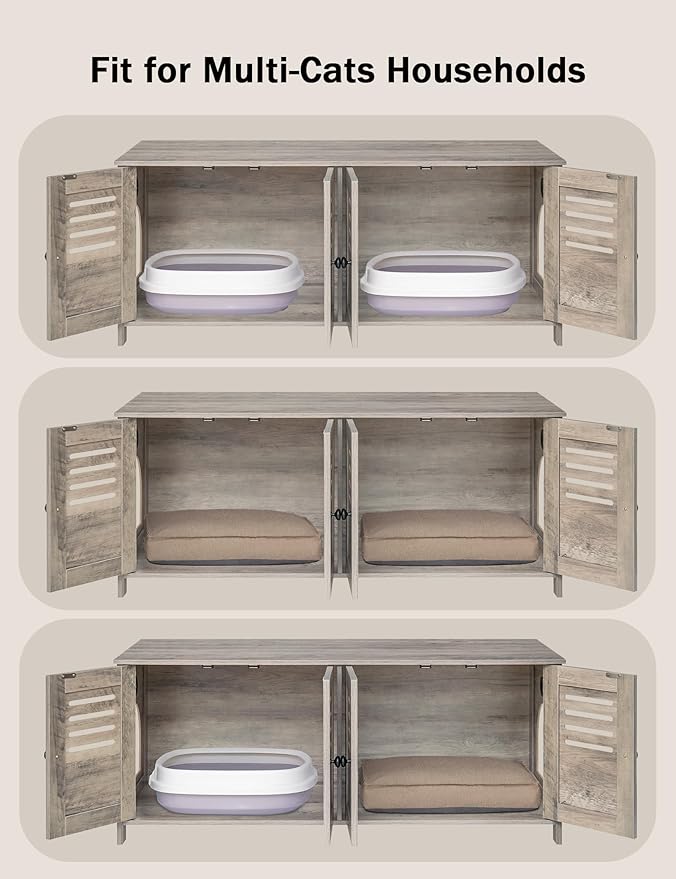 DINZI LVJ Litter Box Enclosure for 2 Cats, Hidden Litter Box Furniture with Double Rooms, Dual Cat Litter House, Front Doors, 47.2" Wooden Hidden Cat Washroom, Side End Table, TV Stand, Greige