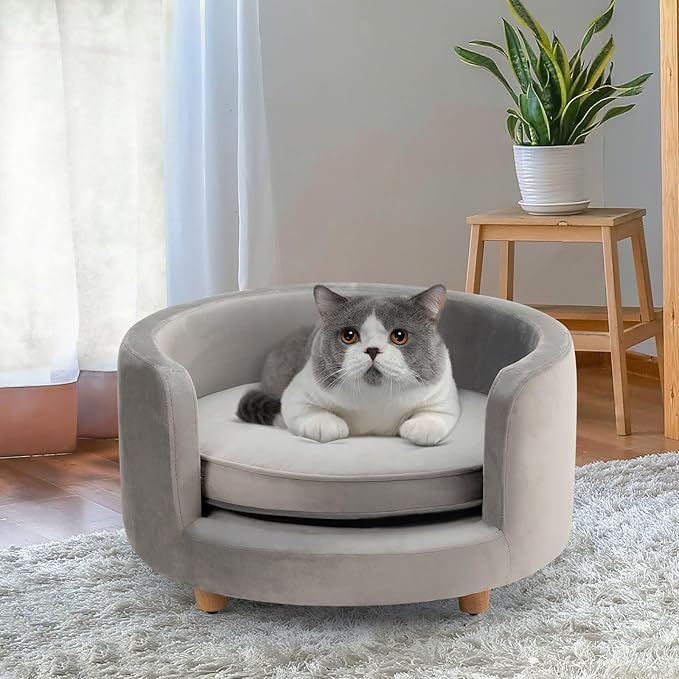 dCee Round Dogs Sofa - Cats Couch, Holds up to 50 Lbs, 24 in. Soft Velvety Pet Couch for Comfort Sleep, Joint Support, Dark Gray - Upgraded 2024