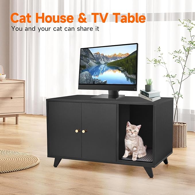 Cat Litter Box Enclosure, Hidden Litter Box Furniture Washroom Storage Cabinet, Modern Cat House with Scratche Pad (Black)