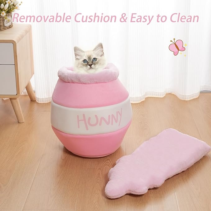 Honey Pot Cat Cave Bed, Soft and Thick Rebound Sponge Pet Nest with Removable & Washable Cushion, Cute Cartoon Design for Small Cats and Breeds - Pink