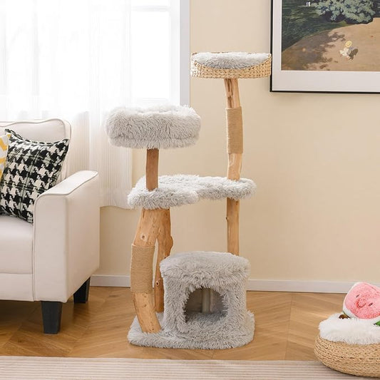 Tangkula Cat Tree Tower, Solid Wood Modern Cat Tower with Top Cattail Basket Bed, Side Perch, Large Platform & Cat Condo, Cute Cat Tree with Scratching Posts for Indoor Cats Large Adult