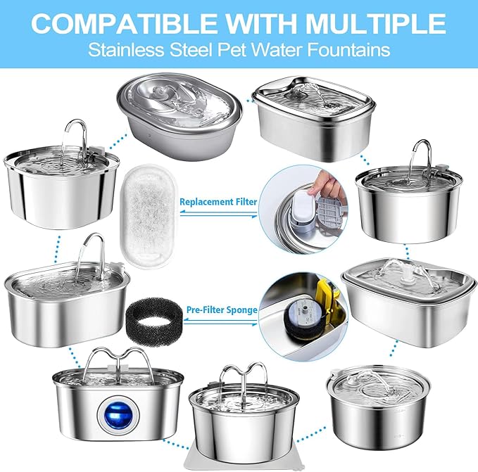 Cat Water Fountain Filter for Stainless Steel 108oz/3.2L& 67oz/2L Automatic Pet Water Dispenser Fountian Replacement Filter with Sponges