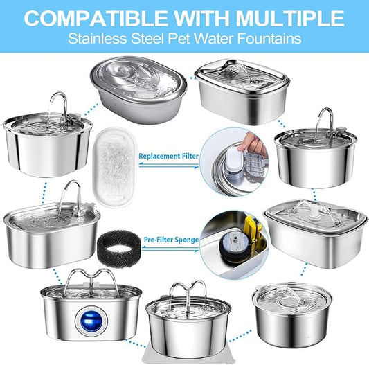 Cat Water Fountain Filter for Stainless Steel 108oz/3.2L& 67oz/2L Automatic Pet Water Dispenser Fountian Replacement Filter with Sponges