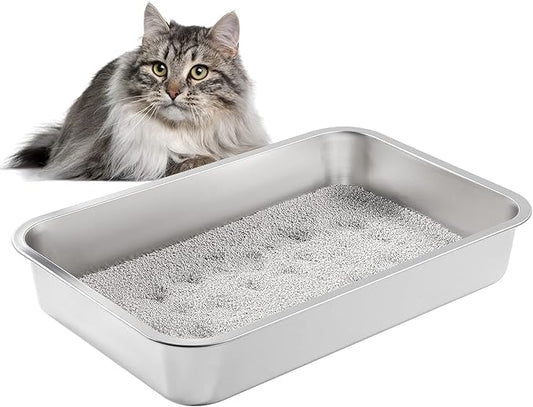 Yangbaga Stainless Steel Litter Box for Cat and Rabbit,Odor Control Litter Pan,Non Stick Easy to Clean,Never Bend,Rust Proof High Sides Non Slip Rubber Feets (4 Inches Deep, 24'' x 16'' x 4'')