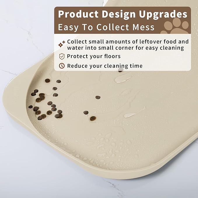 Silicone Pet Feeding Mat with Raised Edge & Residue Collection Pocket for Food and Water, Dog Bowl Mats, Cat Bowls Placemat with High Lip for Floor Waterproof, 24 x 16 x 0.8 White Sand