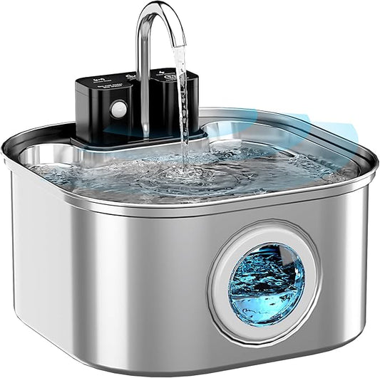 Wireless Cat Water Fountain Stainless Steel, 3.2L/108oz Battery Operated Pet Fountain with 3 Modes, Cordless Pet Water Dispenser for Cats and Dogs