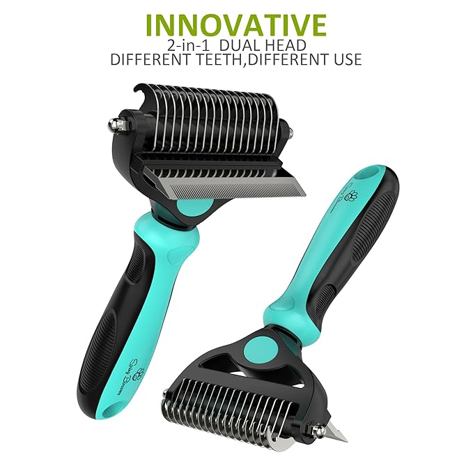 Spring Blossoms-2 in 1 Professional Grooming Rake for Cats & Dogs-Dematting Comb for Easy Mats & Tangles Removing,Pet Brush Safe No More Nasty Shedding and Flying Hair (Cyan)