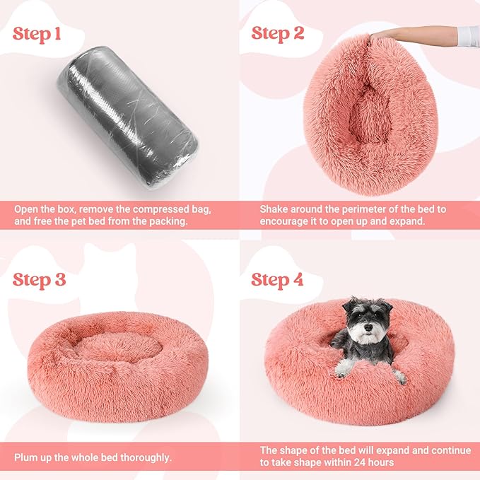 rabbitgoo Dog Bed for Small, 24 inches Machine Washable, Fluffy Donut Pet Bed Anti-Slip, Calming Soft Plush Round Cushion, Fits up to 18 lbs Pets, Pink