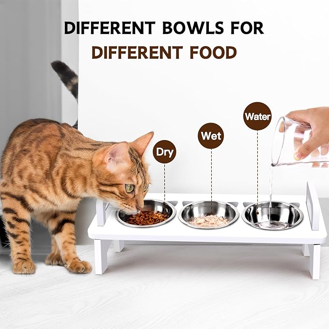 Elevated Cat Food Bowl, 3 Stainless Steel Raised Cat Bowls with Stand, 15°Tilted Cats Bowl for Indoor Cats, Pet Food and Water Bowl Set, Anti Vomitting, Whisker Fatigue and Dishwasher Safe - White