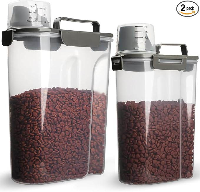 Dog Food Storage Container, 5-7 Lbs Airtight Pet Food Container, Cat Food Container Dispenser with Portable Handle, Pouring Spout and 4 Seal Buckles for Dogs Cats 2 Pack Grey