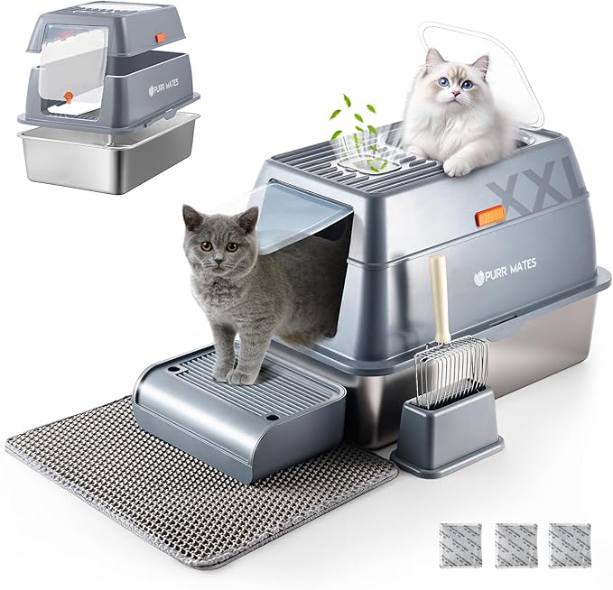 Stainless Steel Extra Large Covered Litter Box with High Sides Enclosed Lid for Big Tall Multiple Indoor Cat,Deep Metal,Jumbo Hooded,Low Entry Design for Dog Proof,Odor Control,Easy Clean,No Mess