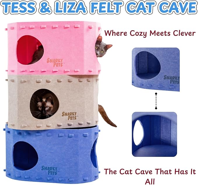 Tess & Liza Felt Cat Cave – Cozy Hideaway for Cats & Kittens | Eco-Friendly Felt Cat House | Durable & Spacious Cat Bed for Large Cats | Stylish Indoor Pet Furniture by Snarky Pets™ Blue