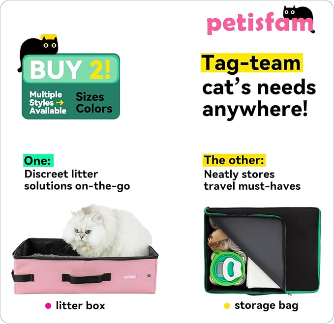 Portable Cat Travel Litter Box with Zipped Lid to Keep Odor and Litter Contained. Lightweight to Carry to Anywhere. Easy to Clean (Pink, Large)