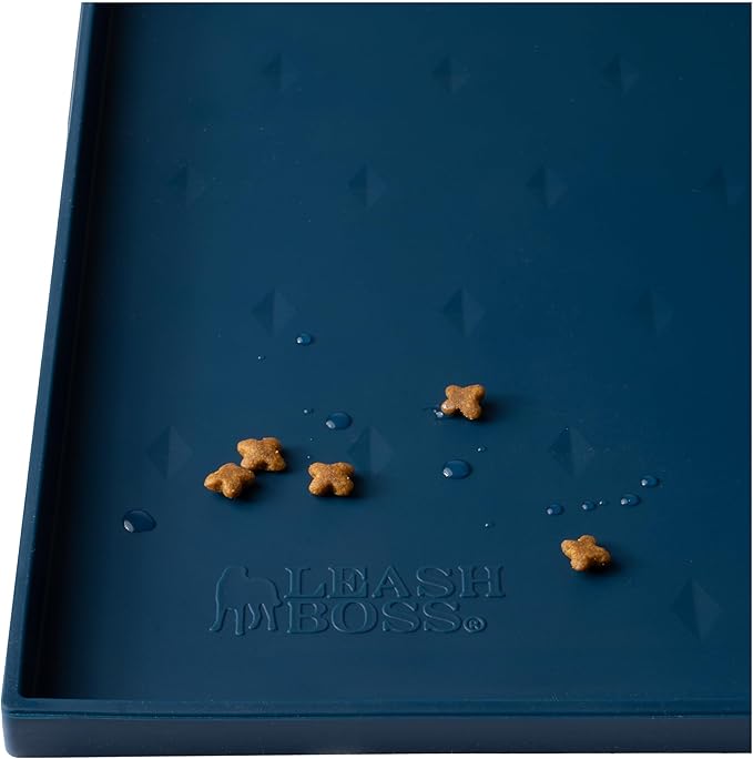 Leash Boss Dog Food Mat for Food and Water Bowls, Waterproof Silicone Pet Feeding Mat for Floors, Extra Tall Raised Edges, Cat and Dog Placemat for Floors, Dishwasher Safe (Small: 18"x11" - Navy)