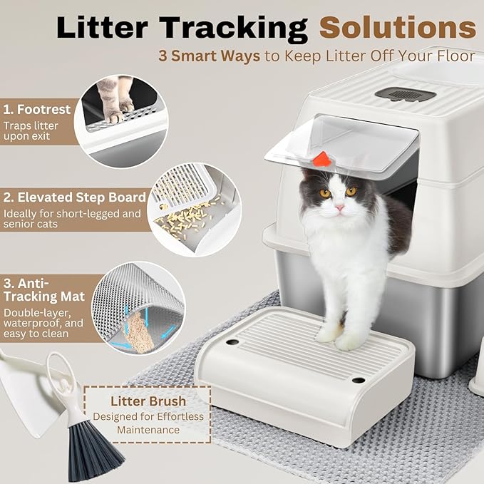 Fully Enclosed XXL Stainless Steel Litter Box with Lid, 8” Deep Pan, Large Stainless Steel Cat Litter Box for Big Cat with Scoop, Step Board, Mat, Brush, Odor-Free, Anti-Leak, Non-Stick (White)