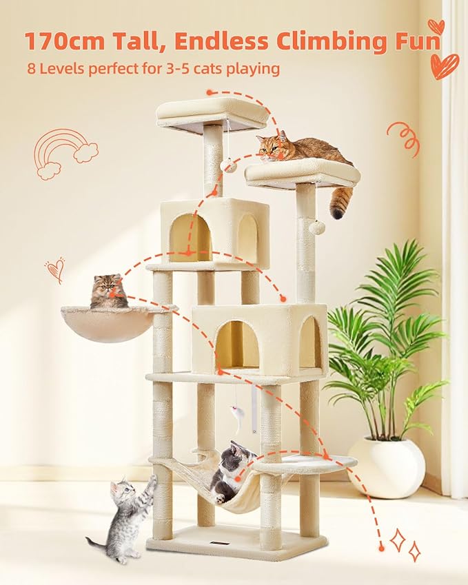 Taoqimiao Cat Tree, 66.2-Inch Cat Tower for Indoor Cats, Plush Multi-Level Cat Condo with 7 Scratching Posts, 2 Perches, 2 Caves, Hammock, 2 Pompoms, Beige MS013M