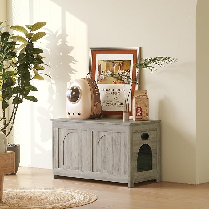 DINZI LVJ Cat Litter Box Enclosure, Flip Top Litter Box Furniture, Farmhouse Hidden Cat Washroom, Wooden Pet House, End Side Table, 31.5" L x 19.7" W x 19.7" H, Sturdy and Easy to Assemble, Gray Wash