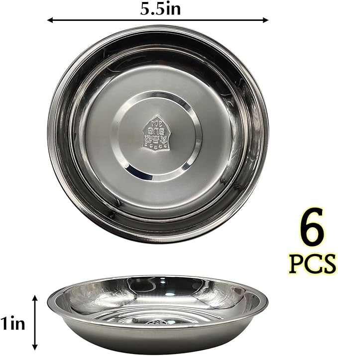 6 PCS Stainless Steel Cat Bowls, 5.5" Dia Shallow Cats Water Food Dish Replacement Whisker Fatigue Relief Plate Stackable Metal Pet Feeding Bowl Basic Bulk for Puppy Dogs Elevated Stand