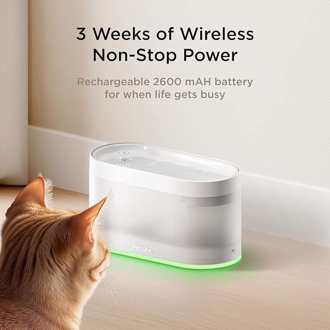 Petcube Bundle of Water Fountain with Ceramic Basin+3 Filters Pack | Automatic Wireless Fountain for Cats and Dogs, Easy to Clean, in-App Filter Control, Quiet Pump, Battery Operated