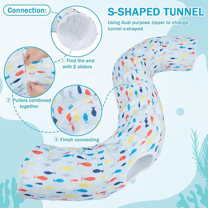 Ownpets Large Cat Tunnel Bed for for All Seasons, S-Shaped Soft Cat Donut Tunnel with Washable Cushion, Round Pet Pet Play Tunnel Toy for Kitten, Puppy, Rabbit, Blue