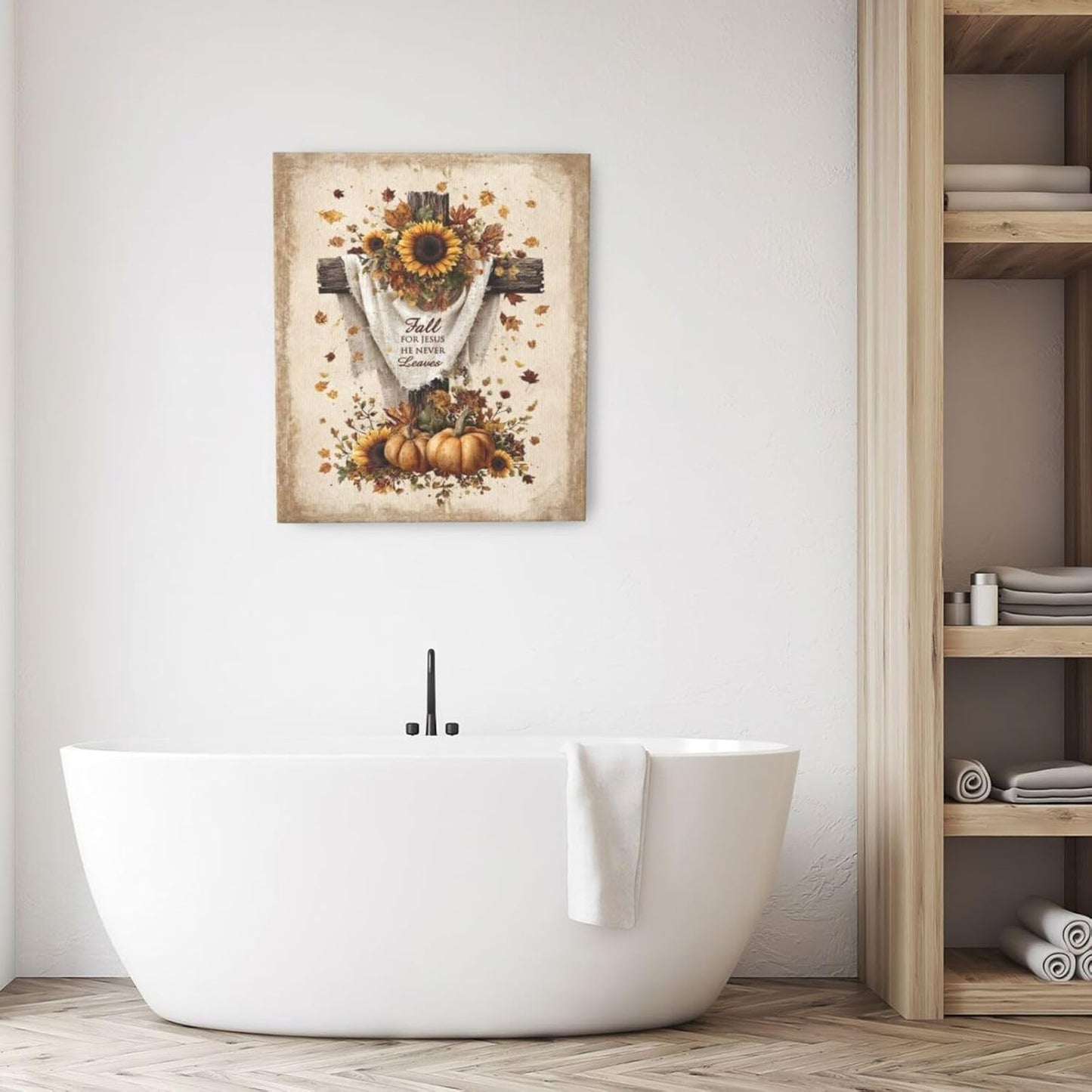 Christian Fall Wall Art Autumn Rustic Cross Sunflower Pumpkin Wall Decor Fall for Jesus He Never Leaves Pictures Painting Print Framed Artwork Decorations Gifts for Living Room Bedroom Prayer Room Office 20"x24"