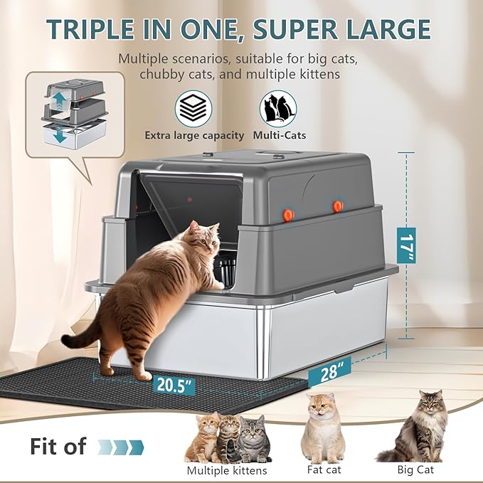 XXXL Extra Large Stainless Steel Litter Box with Lid, 28" L x 20.5" W x 17" H Covered Stainless Steel Litter Box, Suitable for Large Cats and Multiple Cats, Non-Sticky, Anti-Leakage, Easy to Clean
