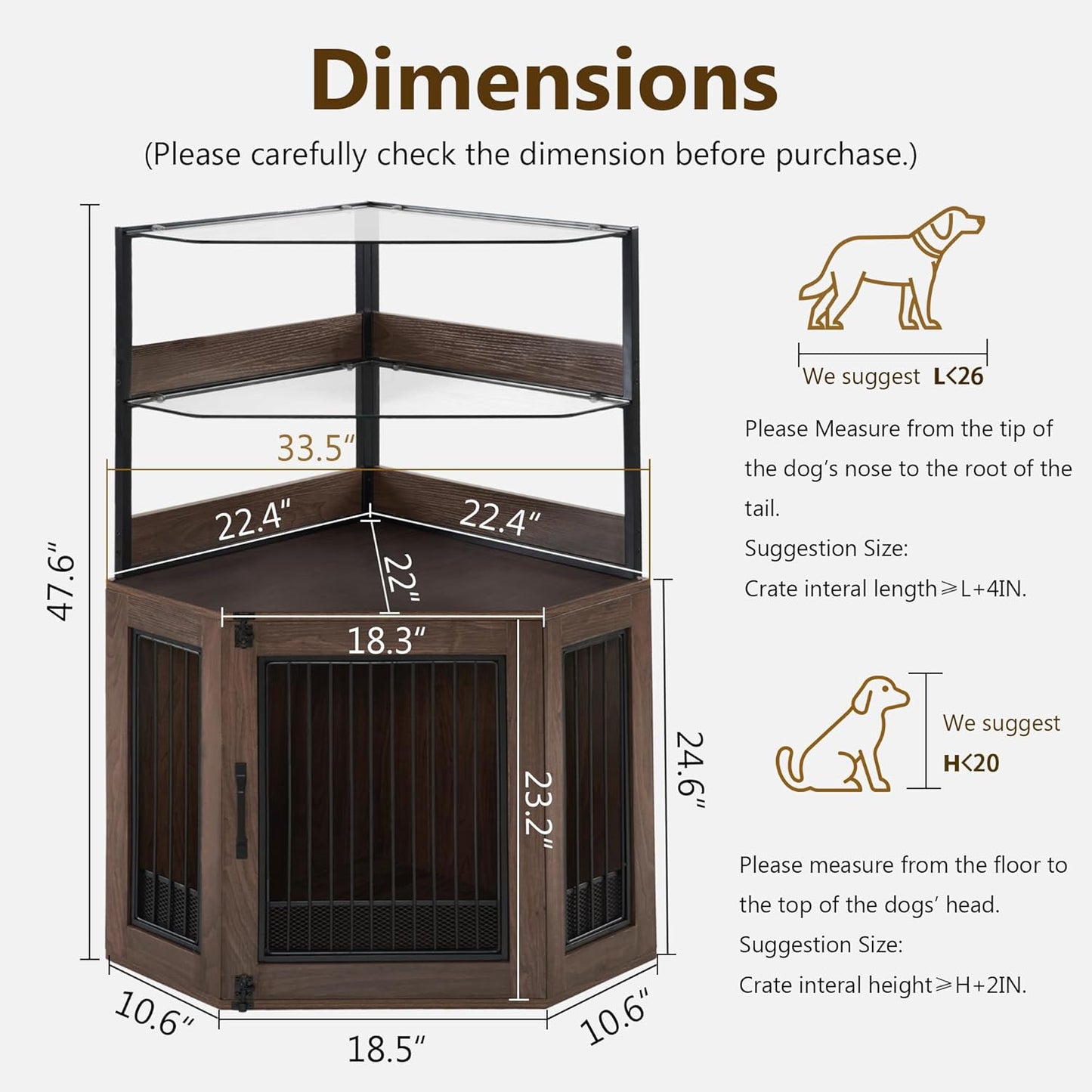 MCombo Small Corner Dog Crate Furniture with Glass Shelves, Wooden Dog Kennel Furniture with Door, Pet Crate Indoor Use, CN17 (Brown)