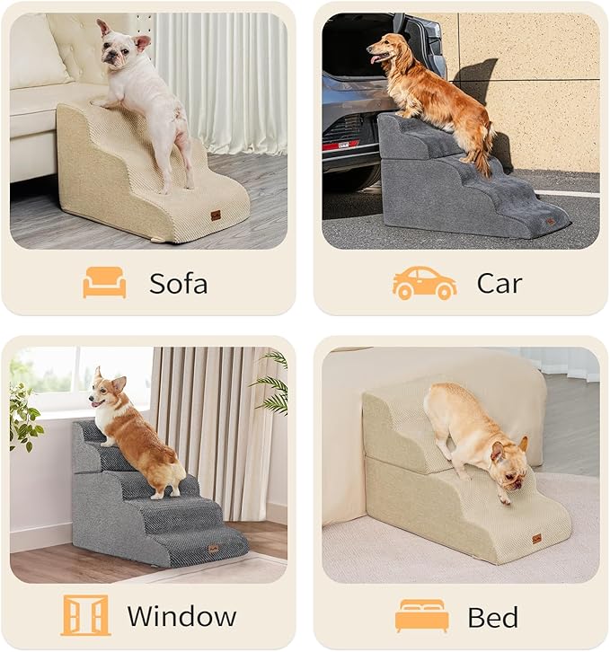 Made4Pets Dog Stairs Ramp for Bed, 4-Step Dog Steps for High Bed Couch Sofa Climbing, 35D Foam Pet Steps for Small Dogs and Cats, Non-Slip Bottom Pet Stairs, Beige