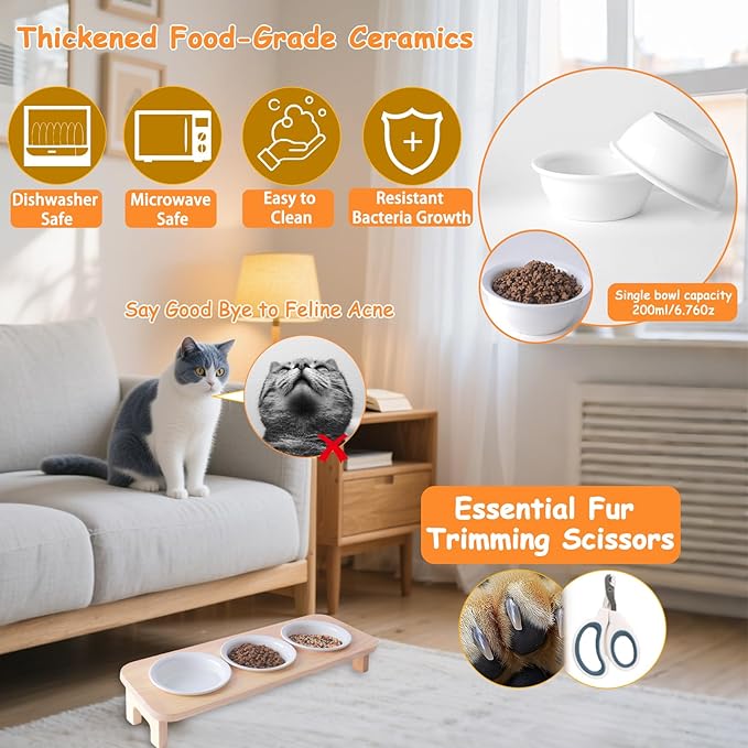 3 Elevated Cat Food and Water Bowl Set with Stand,15°Tilted Raised Pet Bowlfor Kittens/Puppy with 3 Ceremic Dishes, Indoor Cat Food Bowl，Anti-Vomit & Whisker Fatigue Relief, Dishwasher Safe