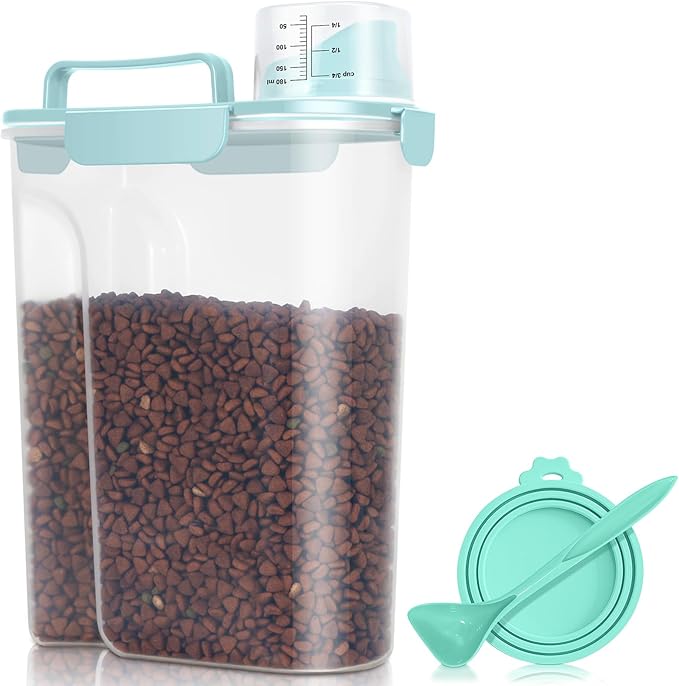 TBMax Pet Dog Cat Food Storage Container 5 to 7 lbs with Can Cover and Mixing Spoon, Airtight Bird Seed Container, Cat Food Storage Dispenser, Kibble Storage Dog Treat Bin -Light Blue