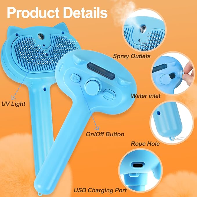 Cat Steam Brush for Shedding, 4 in 1 Steamy Cat Brush with Release Button, Self Cleaning Metal Pet Misting Hair Comb with Handle for Grooming Kitten Dog(Blue)