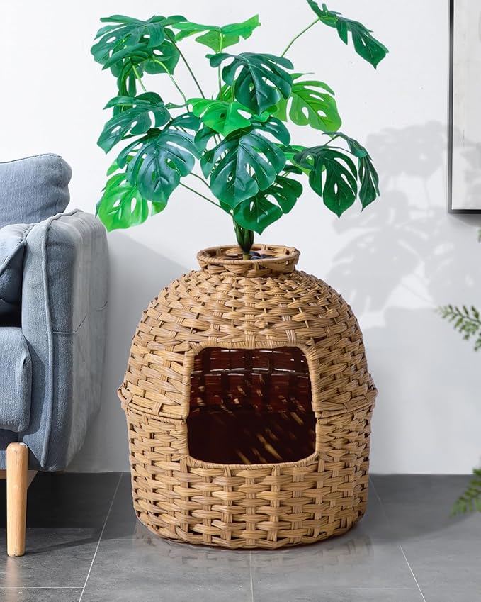 Cat Litter Box Plant Furniture Enclosure, Hidden Handwoven Rattan with Cat Litter Box and Artificial Plants, Odor Control Filter, Real Stones in Living Room, Bedroom, Corner Natural