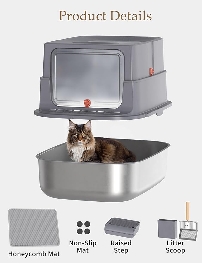 XXL Stainless Steel Covered Cat Litter Box with Lid – Extra Large Enclosed Metal Litter Box for Big Cats, Leak-Proof, Odor Control, Top Exit, Scoop, Pedal & Non-Slip Mat, Easy to Clean