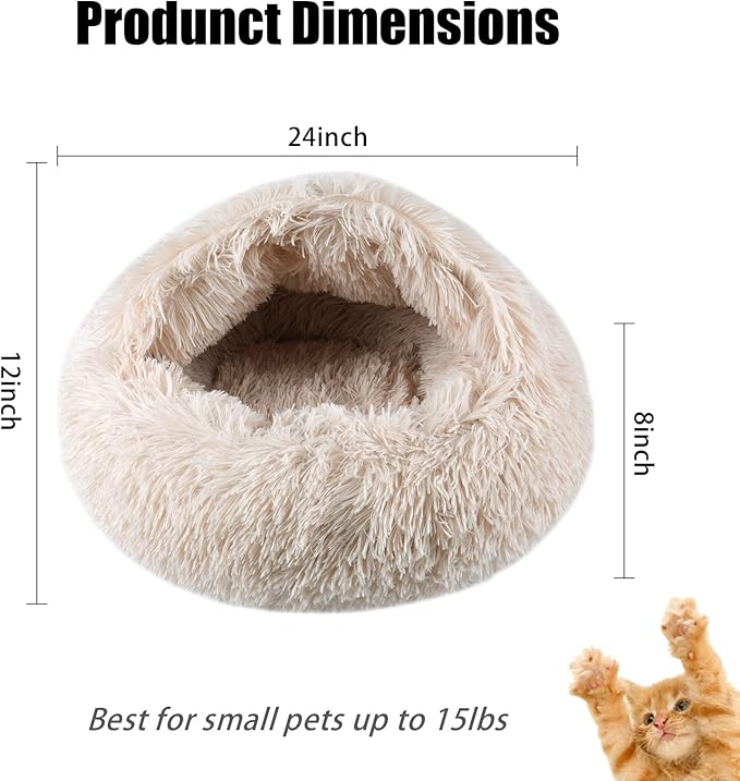 Cat Beds for Indoor Cats,Cat Cave for Puppy and Kitty,Calming Small Dog Bed for Small Dogs with Cover Cave,Cozy Warming Fluffy Washable Anti-Slip Pet Sleeping Bag(24 * 24inch,Beige)