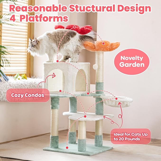 HYABi 48-inch Modern Cat Tree with Hanging Basket & Flower Design, Multi-Level Cat Tower with Plush Perches, Sisal Scratching Posts & Toy Balls, Stylish Indoor Playhouse for Cats & Kittens