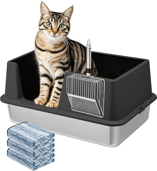 Stainless Steel Litter Box with Lid, 23.5" L x 15.8" W x 10.5" H, Large Metal Cat Box for Big Cats, High Sided Kitty Litter Box with Scoop & Pee Pads, Non-Sticky, Anti-Leakage, Easy to Clean (Black)