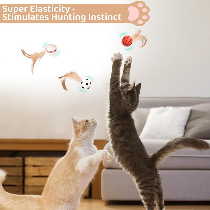 6PCS Interactive Feather Ball Toy for Cats, New Cat Bouncy Ball with Feather Tails, Elastic Cat Toy Balls for Indoor, Rolling Balls for Cats Playing Exercise