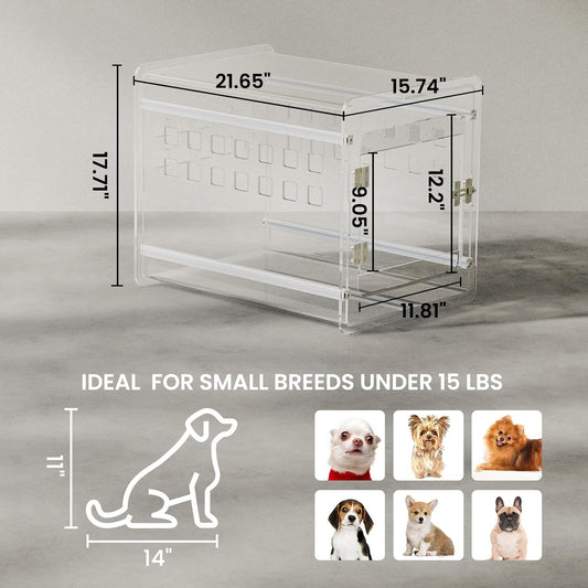 Sumerflos Clear Acrylic Dog Crate - Modern Dog Kennel Furniture, Indoor End Table Dog Crate Lockable Ventilated for Most Small Dog Cat Pet, 21.65" L x 15.74" W x 17.71" H