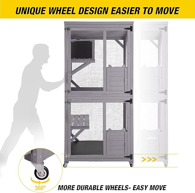 Aivituvin Cat House Outdoor Cat Catio Wooden Large Enclosure with Run on Wheels 70.9" Upgraded Version Catio with Reinforcement Strip,Waterproof Roof (Grey)