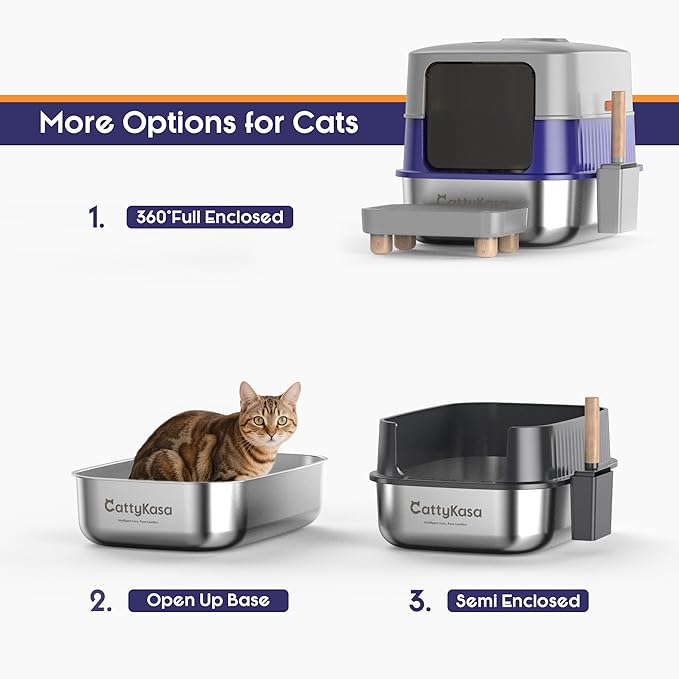 Odor Control XL Stainless Steel Litter Box，3-in-1 Enclosed High Side Cat Litter Box with High Lid for Cats，Non-Sticky，Anti-Leakage，Easy Clean，with Scoop & Filter Pedal（Gray-Blue）