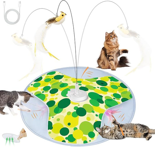 Interactive Cat Toy, Rechargeable Automatic Cat Toys for Indoor Cats, Motion Activated Hide and Seek Cat Toy with Bird Cat Wand, Moving Feather for Bored Indoor Adult Cats/Kittens