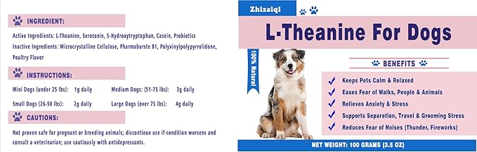 L-Theanine Supplement for Cats & Small Dogs – Helps Keep Pets Calm & Relaxed – for Small, Medium & Large Dogs & All Cats – 100g Powde