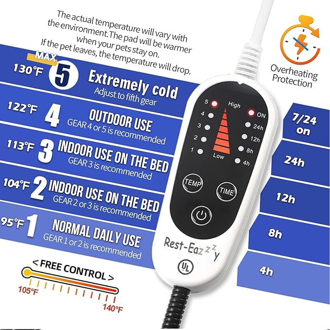 Rest-Eazzzy Pet Heating Pad Indoor, Dog Heating Pad Mat with Removable Cover, 5 Level Timer 5 Level Temperature, Electric Pet Warming Mat for Cat Dog Automatic Power-Off (Heat pad, Pure-Blue)