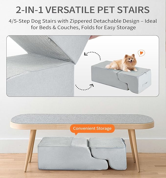 Made4Pets Dog Stairs Ramp for High Bed, 5-Step Pet Stairs for Bed Couch Sofa Climbing, 35D Foam Pet Steps for Small Dogs and Cats, Non-Slip Bottom Dog Steps, Light Grey