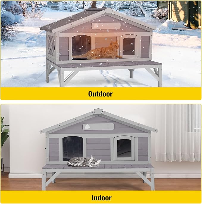 Aivituvin Outdoor Cat House, Large Weatherproof Roof, 100% Wooden, Outside Feral Cat Shelter for Winter